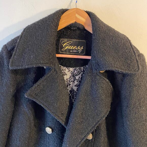Vintage Guess Wool Blend Y2K Pea Coat SZ L Fuzzy Lined Gold Button Goth 90’s - Picture 2 of 9